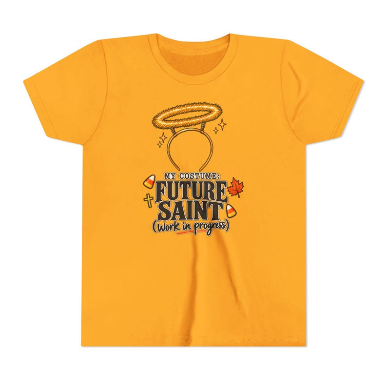 Kids Future Saint Costume Shirt, Sparkly Halo Halloween Tee, Catholic Trick or Treat Outfit image 6