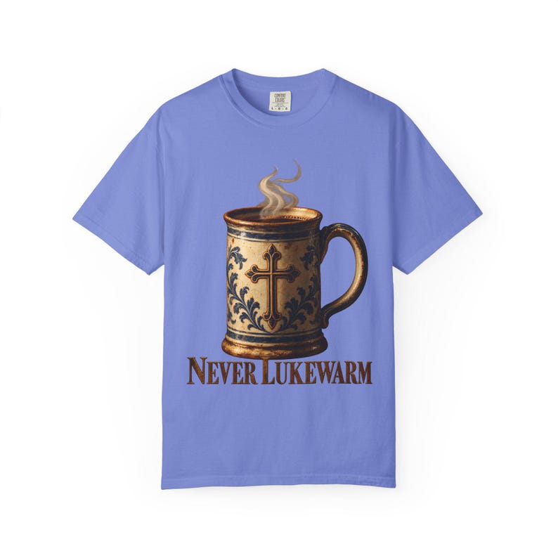 Never Lukewarm Comfort Colors Shirt | Christian Coffee T-Shirt | Gift for Coffee Lover | Stoneware Mug with Cross image 6