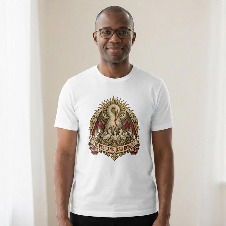 Eucharist Shirt | Catholic T-Shirt | First Communion Gift for Dad | Pie Pelicane, Pelican in Her Piety image 1
