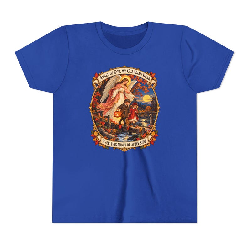 Camiseta infantil con la oración del Ángel de Dios, camiseta juvenil del Ángel Guardián, regalo católico para niños "Mi querido Guardián", arte vintage de puente otoñal. imagen 14