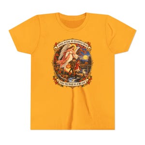 Camiseta infantil con la oración del Ángel de Dios, camiseta juvenil del Ángel Guardián, regalo católico para niños "Mi querido Guardián", arte vintage de puente otoñal. imagen 7