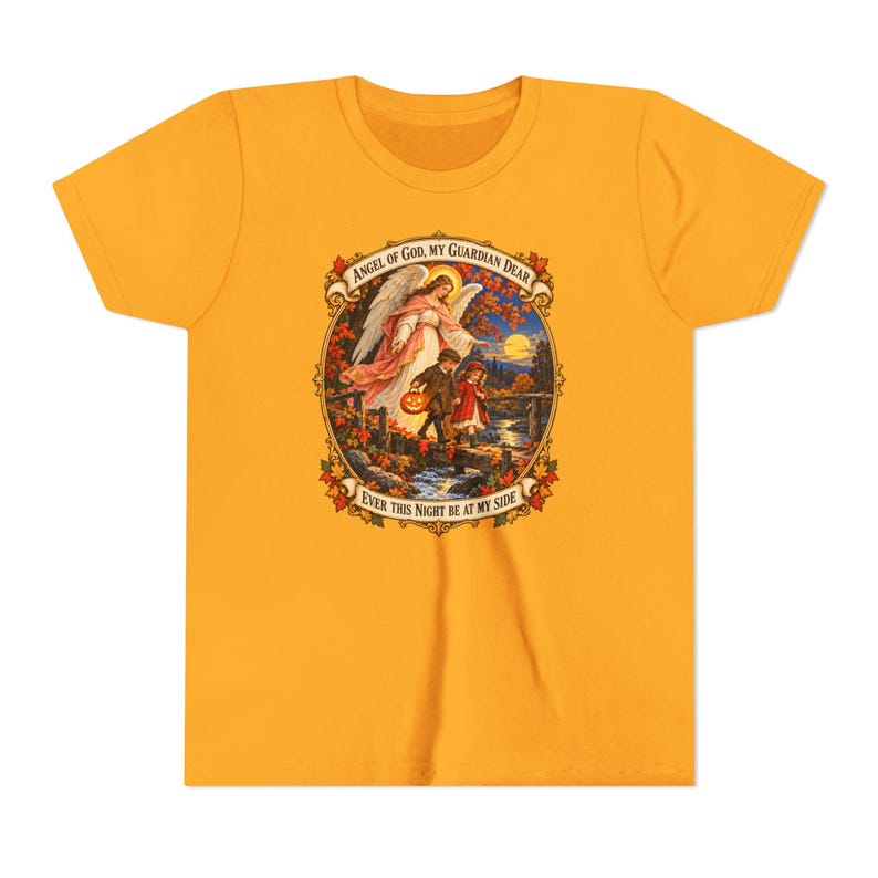 Camiseta infantil con la oración del Ángel de Dios, camiseta juvenil del Ángel Guardián, regalo católico para niños "Mi querido Guardián", arte vintage de puente otoñal. imagen 7