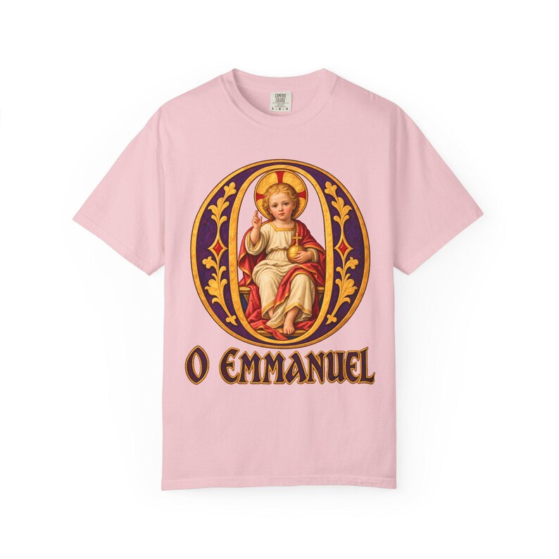 O Emmanuel Comfort Colors Shirt | Catholic Advent T-Shirt | O Antiphon Gift | Illuminated Letter with Christ Child image 13