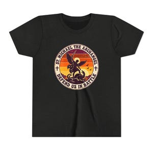 Kids Retro St Michael Badge Shirt, Youth Defend Us in Battle Tee, Catholic Boys Gift, Archangel Slaying Dragon Sunset image 8