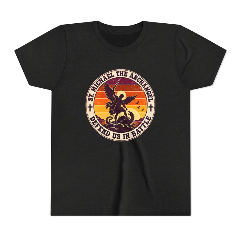Kids Retro St Michael Badge Shirt, Youth Defend Us in Battle Tee, Catholic Boys Gift, Archangel Slaying Dragon Sunset image 8