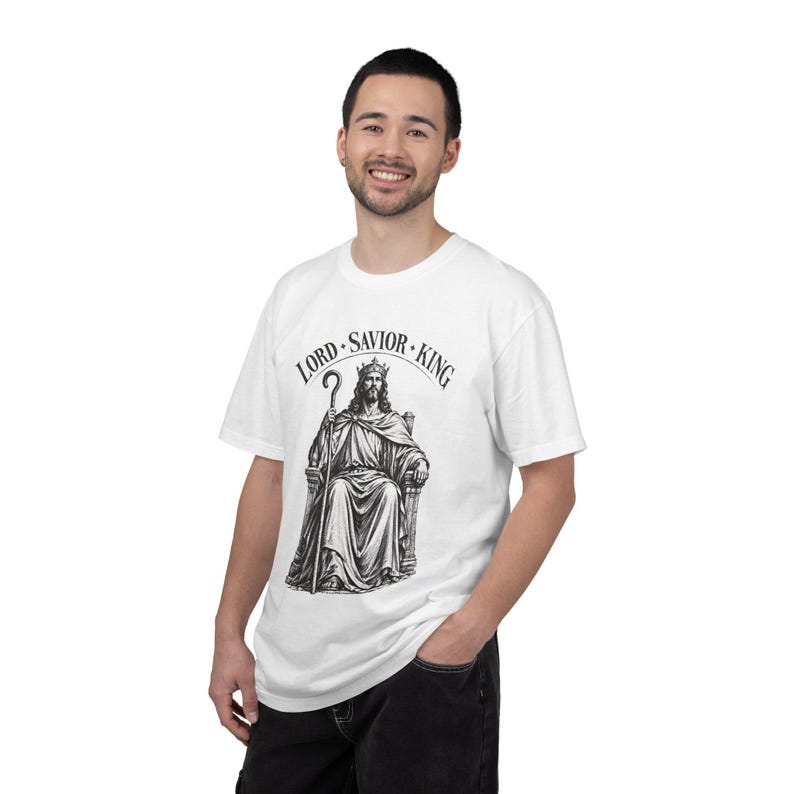 King of Kings Tee, Vintage Woodcut Jesus Enthroned, Solemnity of Christ Gift for Husband or Priest, Catholic Unisex Shirt, Comfort Colors image 10