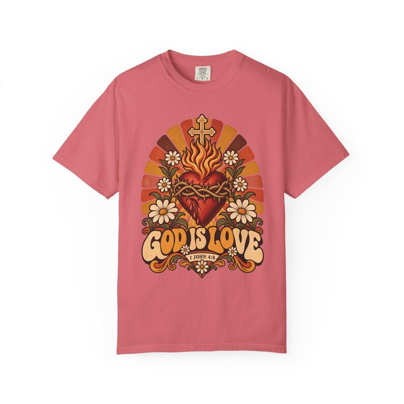 Retro Bible Verse Tee, 1 John 4 8 Sacred Heart Sunburst, Vintage Christian Gift for Mom, Boho Floral Scripture Apparel, Comfort Colors image 9