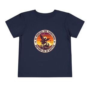 Toddler Retro St Michael Badge Tee, Defend Us in Battle Shirt, Catholic Gift for Toddlers, Archangel Slaying Dragon Sunset image 14