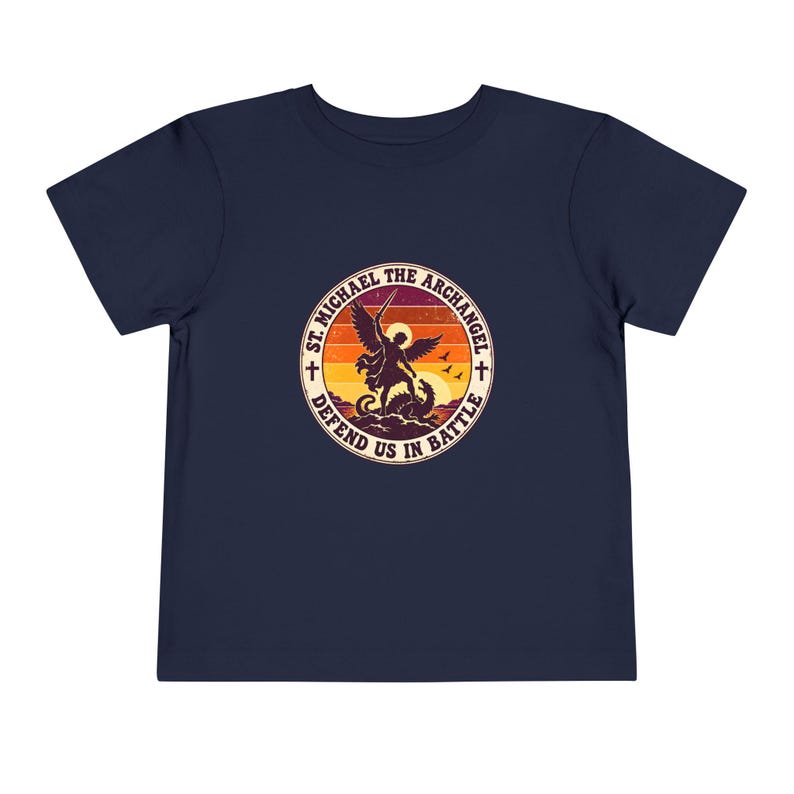 Toddler Retro St Michael Badge Tee, Defend Us in Battle Shirt, Catholic Gift for Toddlers, Archangel Slaying Dragon Sunset image 14
