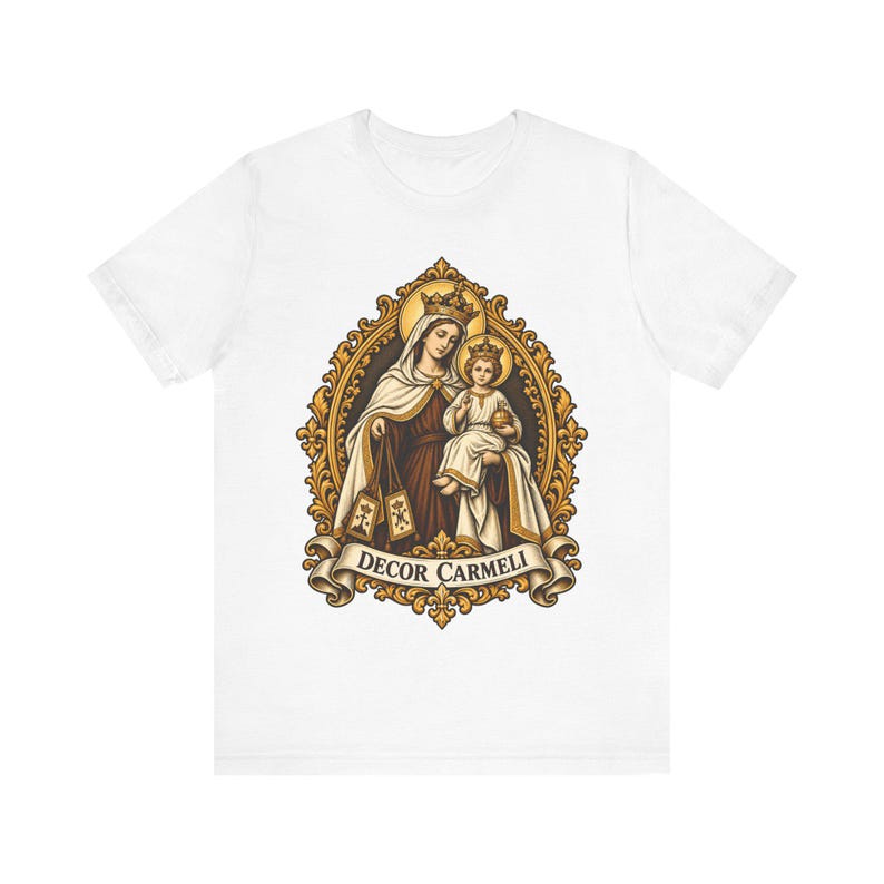 Mount Carmel Madonna Shirt, Brown Scapular Devotion Tee, Golden Frame Marian Art, Carmelite Virgin Mary Gift for Women, Catholic Apparel image 3