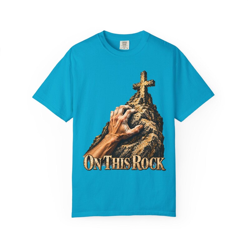 On This Rock Comfort Colors Shirt | Catholic Climbing T-Shirt | Gift for Rock Climber | Hand on Rock with Cross image 2