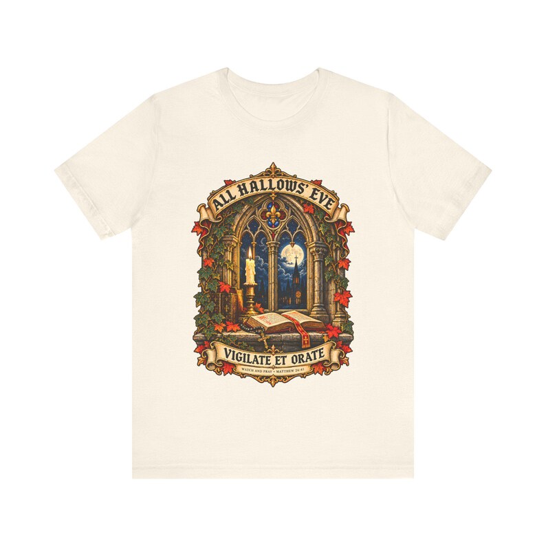 Maglietta di Ognissanti / Maglietta cattolica di Halloween / Regalo gotico / Vigilate et Orate, Finestra della chiesa illuminata dalla luna immagine 2