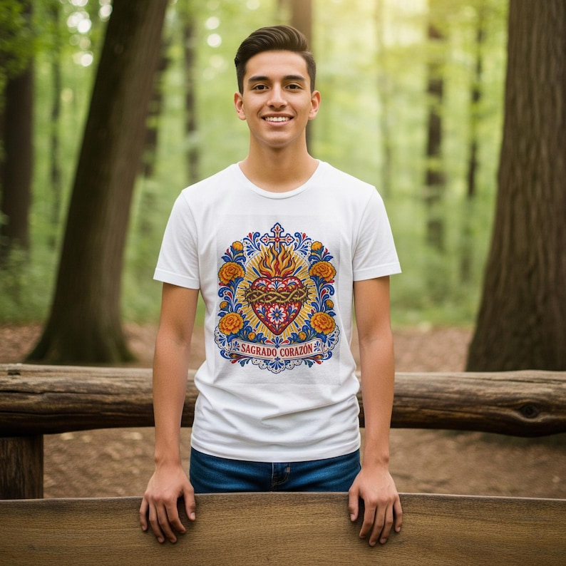 May include: A white short-sleeved t-shirt featuring a colorful graphic of a Sacred Heart, or Sagrado Coraz&oacute;n, surrounded by orange flowers and blue foliage, with a cross on top and the text Sagrado Coraz&oacute;n printed at the bottom.