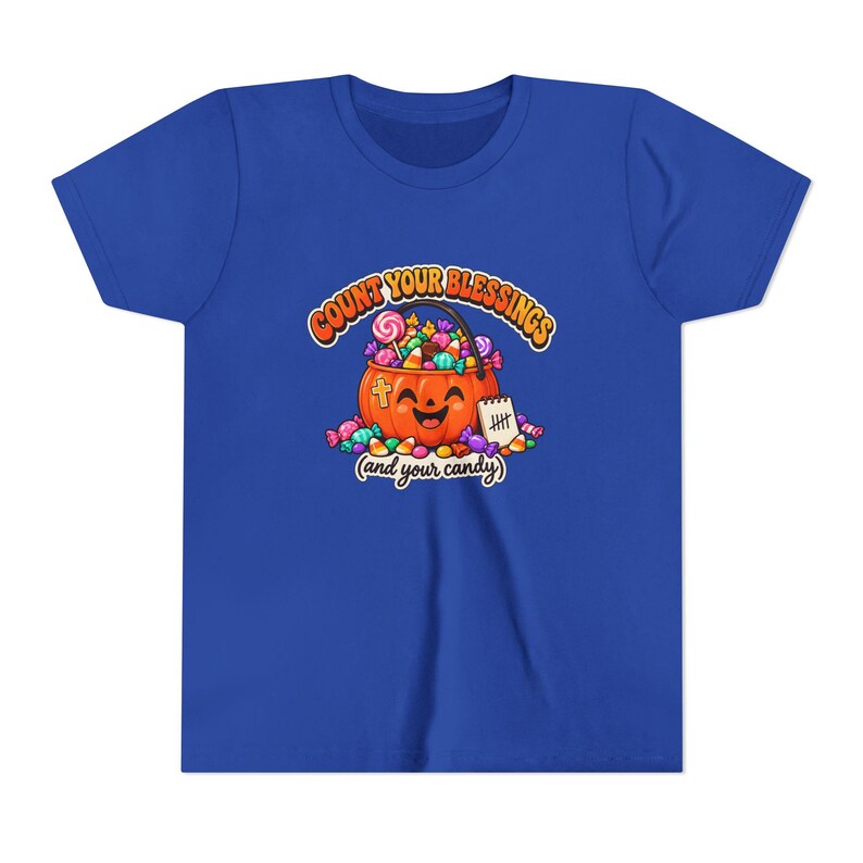 Camiseta cristã de Halloween, abóbora de doces "Conte suas bênçãos", camiseta juvenil de outono imagem 4