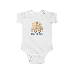 Baby Two by Two Bodysuit, Twin Lambs Infant One Piece, Noah's Ark Christian Baby Gift for Twins, Vintage Lamb Art image 1
