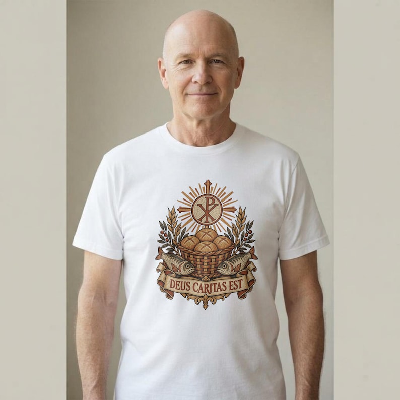 May include: A white short-sleeved t-shirt featuring a central graphic of a basket of bread and two fish beneath a Chi-Rho symbol, wheat stalks, and a banner with the Latin text DEUS CARITAS EST in brown, gold, and tan tones.