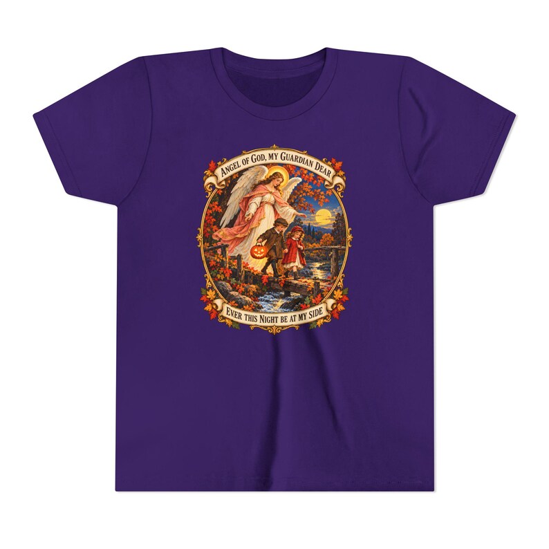 Camiseta infantil con la oración del Ángel de Dios, camiseta juvenil del Ángel Guardián, regalo católico para niños "Mi querido Guardián", arte vintage de puente otoñal. imagen 20