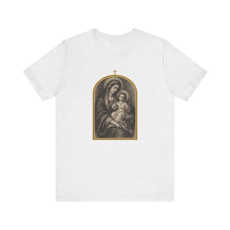 Virgin Mary Shirt, Madonna and Child Charcoal Sketch, Blessed Mother Catholic Gift for Mom, Vintage Marian Art Tee, Baby Jesus Top image 3