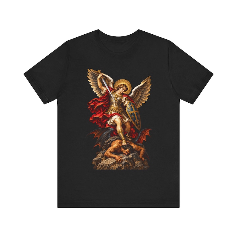聖ミカエルTシャツ｜カトリックTシャツ｜男性向け霊的戦いギフト｜勝利の剣 画像 2