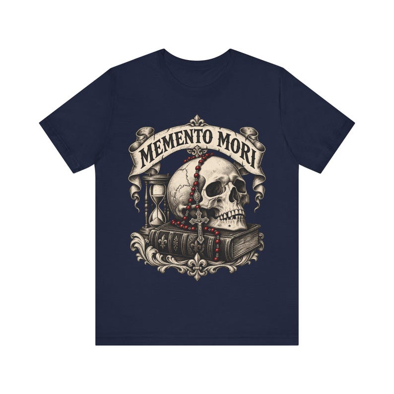 Camiseta Memento Mori / Camiseta católica / Regalo de Todos los Santos para hombres / Calavera, rosario y reloj de arena imagen 5