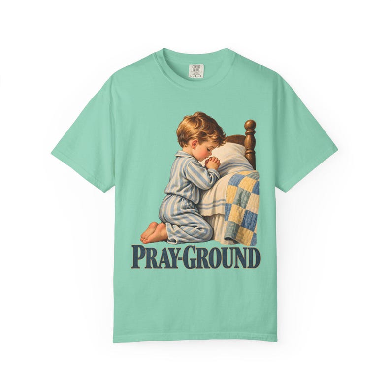 Pray-Ground Comfort Colors Shirt | Catholic Prayer T-Shirt | Gift for Catholic Family | Child Kneeling in Prayer image 2