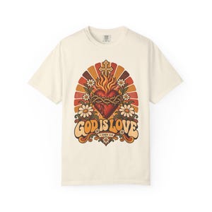 Retro Bible Verse Tee, 1 John 4 8 Sacred Heart Sunburst, Vintage Christian Gift for Mom, Boho Floral Scripture Apparel, Comfort Colors image 3