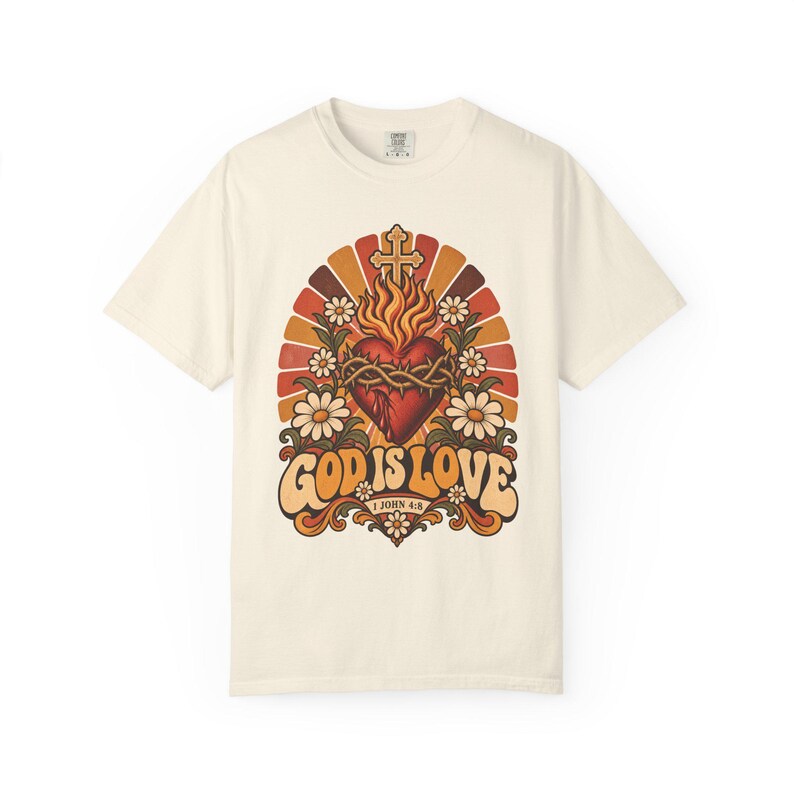 Retro Bible Verse Tee, 1 John 4 8 Sacred Heart Sunburst, Vintage Christian Gift for Mom, Boho Floral Scripture Apparel, Comfort Colors image 3