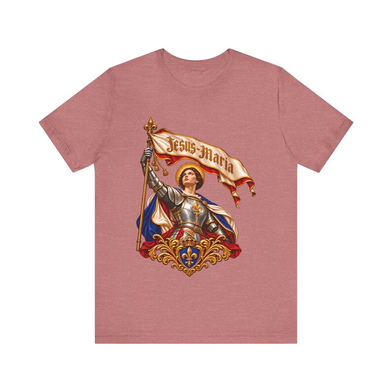 St Joan of Arc Shirt, Jesus Maria Banner Maid of Orleans in Armor, Catholic Saint Tee, Confirmation Gift for Her, French Heroine Art image 3