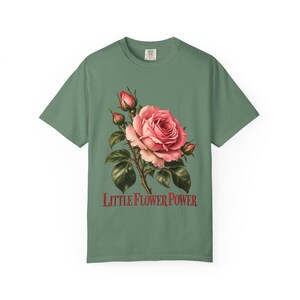 Little Flower Power Comfort Colors Shirt | St Therese Catholic T-Shirt | Gift for Catholic Women | Vintage Pink Roses image 7