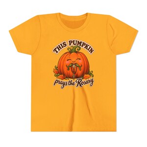 Youth Catholic Halloween Shirt, Pumpkin Prays Rosary, Fall Harvest Gift image 3