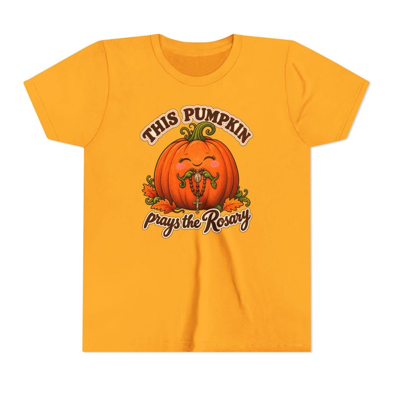 Youth Catholic Halloween Shirt, Pumpkin Prays Rosary, Fall Harvest Gift image 3