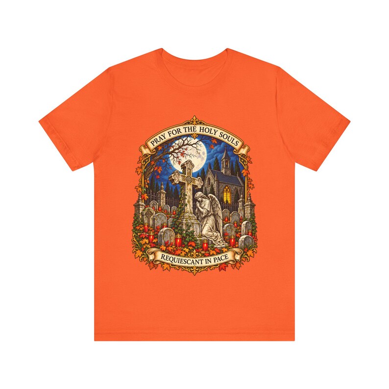 Camiseta "Pray for the Holy Souls", Camiseta católica "Requiescant in Pace" del Purgatorio, Regalo de recuerdo de noviembre, Arte de ángel de cementerio, Camiseta Bella Canvas imagen 7