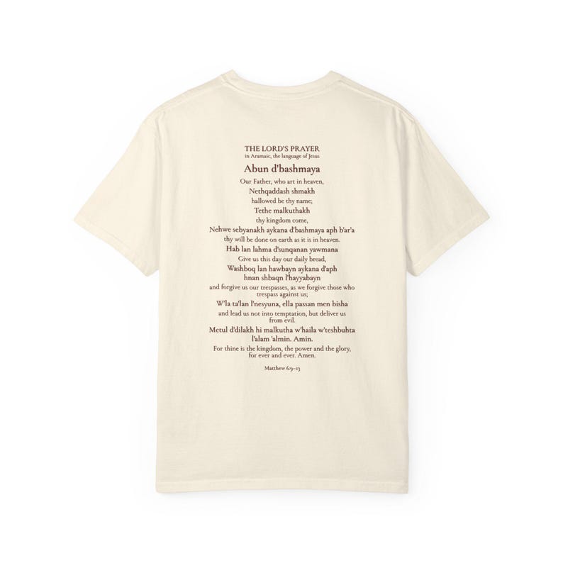 Arameisk Herrens bön komfortfärger T-shirt | Vår Fader arameisk T-shirt | Bergspredikan katolsk kristen T-shirt bild 6