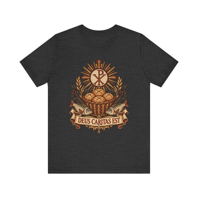 Deus Caritas Est Shirt, Loaves and Fishes Mosaic Tee, Chi Rho Early Christian Art, Catholic Volunteer Gift, Ichthys Fish and Bread Apparel image 5