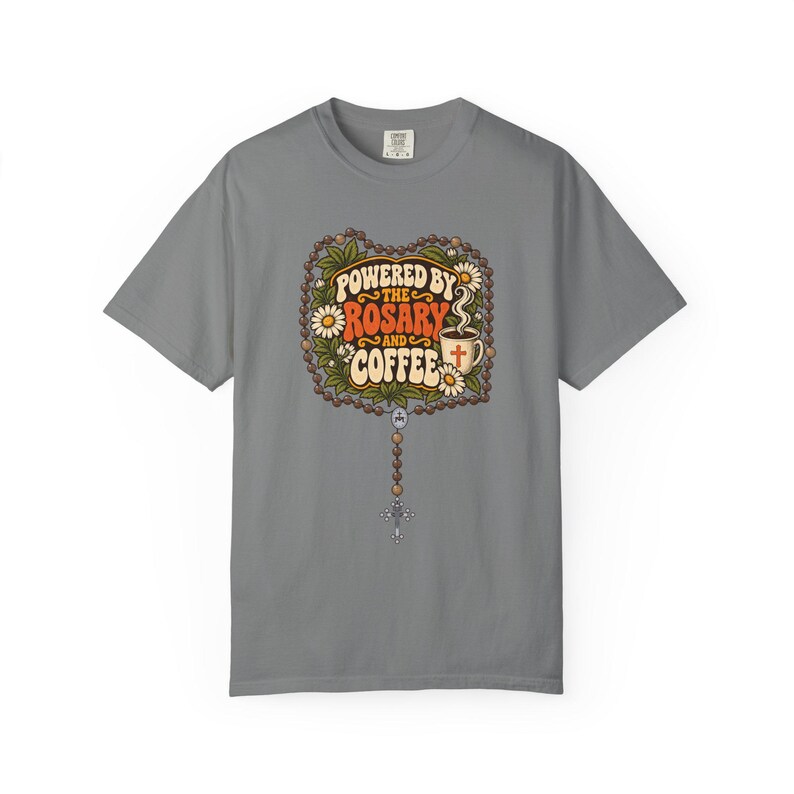 Funny Rosary and Coffee Tee, Retro Catholic Mom Gift, Caffeine Prayer Top for Women, Christian Humor Apparel for Teachers, Comfort Colors image 7