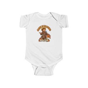 Baby-Body mit St.-Franziskus-Motiv, katholisches Geschenk zum ersten Halloween, Kürbis mit Blaumeisenmotiv Bild 1