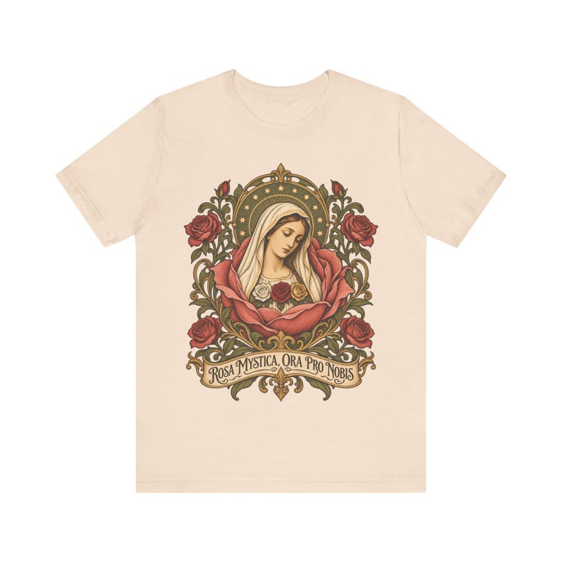 Rosa Mystica Shirt, Mystical Rose Virgin Mary Tee, Ora Pro Nobis Art Nouveau, Litany of Loreto Catholic Gift for Women, Marian Apparel image 4