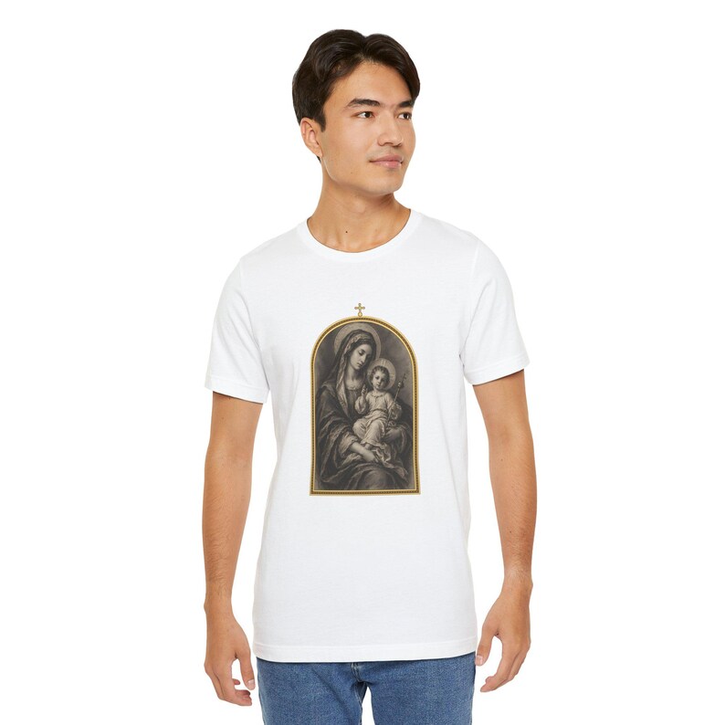 Virgin Mary Shirt, Madonna and Child Charcoal Sketch, Blessed Mother Catholic Gift for Mom, Vintage Marian Art Tee, Baby Jesus Top image 9