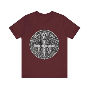 Silver St Benedict Medal Shirt, Engraved Monk Holding Crucifix Tee, CSPB Vade Retro Satana Emblem, Catholic Protection Gift, OSB Oblate image 6