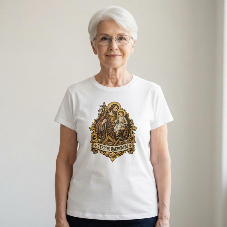 St Joseph Shirt | Catholic T-Shirt | Gift for Dad or Godfather | Terror of Demons with Child Jesus and Lily image 1