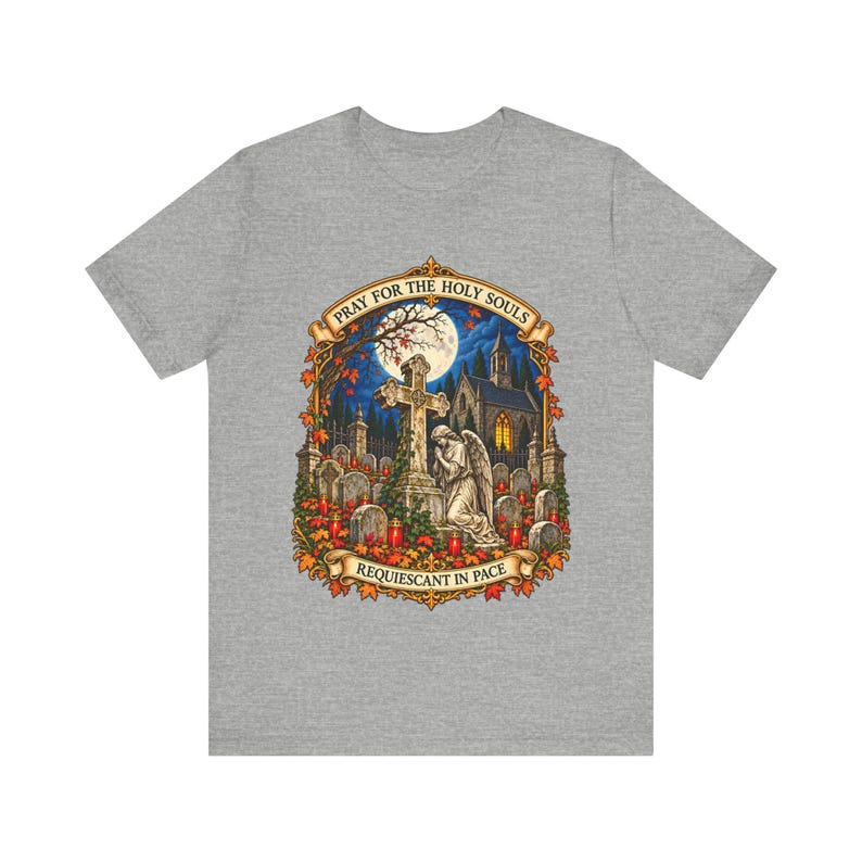 Camiseta "Pray for the Holy Souls", Camiseta católica "Requiescant in Pace" del Purgatorio, Regalo de recuerdo de noviembre, Arte de ángel de cementerio, Camiseta Bella Canvas imagen 5