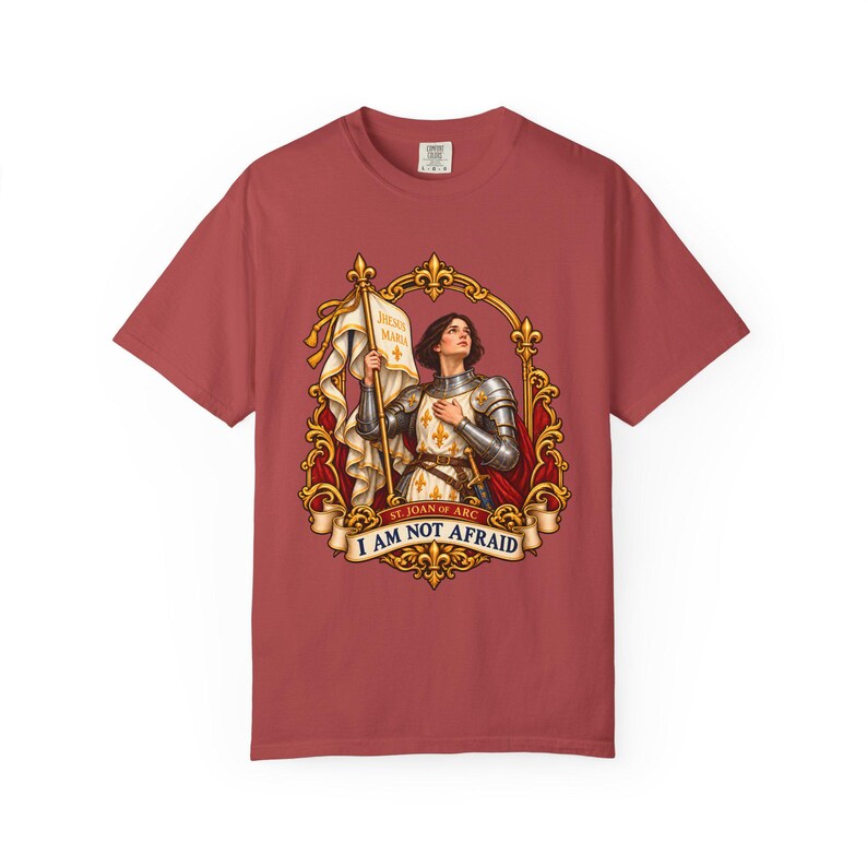 Saint Joan of Arc Tee, I Am Not Afraid Vintage Banner Art, Maid of Orleans Catholic Gift for Her, Brave Woman Warrior Shirt, Comfort Colors image 6