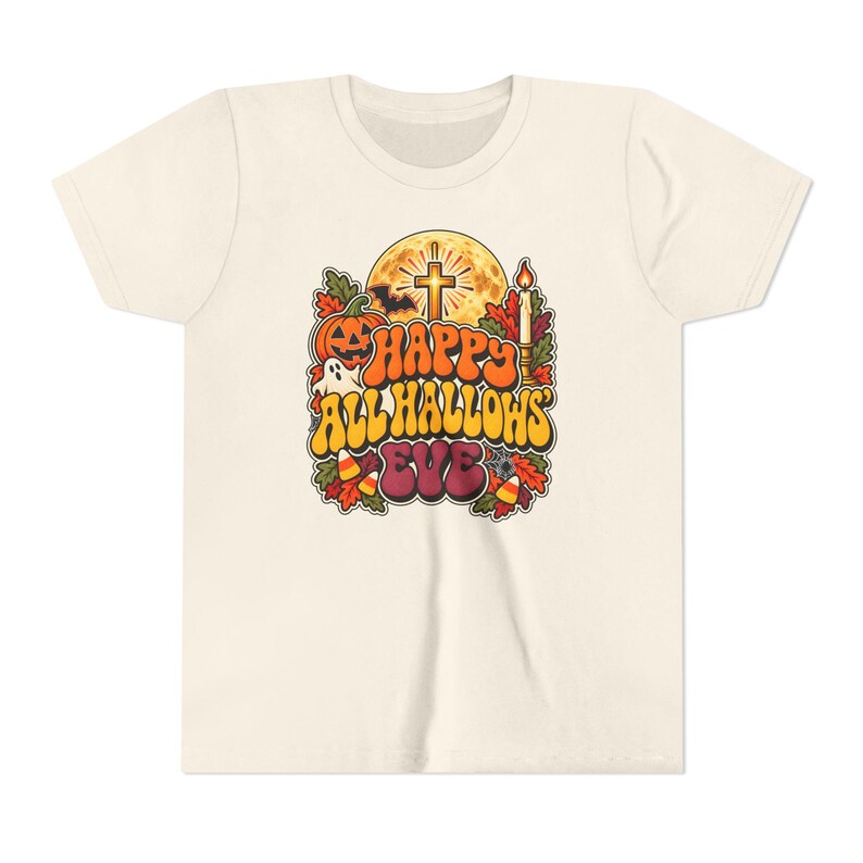 Kinder T-shirt met katholieke Halloween-opdruk, retro en groovy Halloween-shirt, pompoen met kruis en maan. afbeelding 3