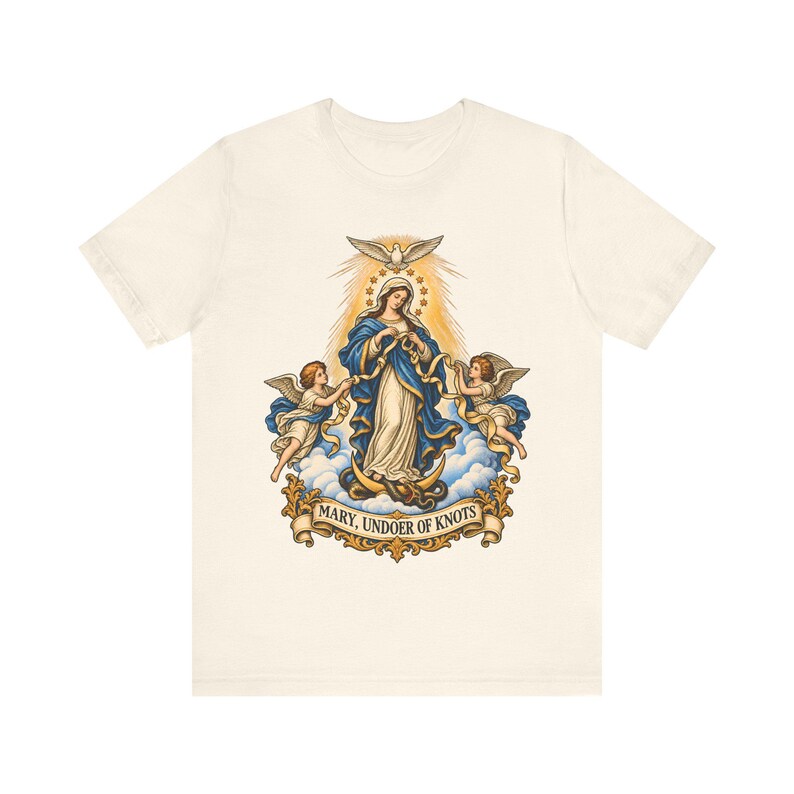 結び目を解く聖母マリアTシャツ、リボンを解く聖母マリアTシャツ、女性へのカトリックのノベナギフト、マリア祈祷アパレル 画像 2