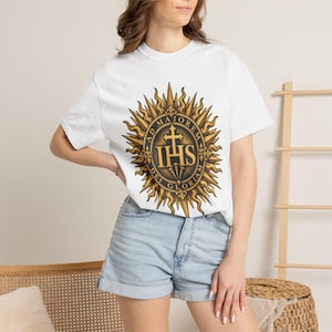 IHS Christogram Tee, AMDG Golden Sunburst, For the Greater Glory of God, Latin Catholic Gift for Jesuit Alumni or Graduates, Comfort Colors image 1