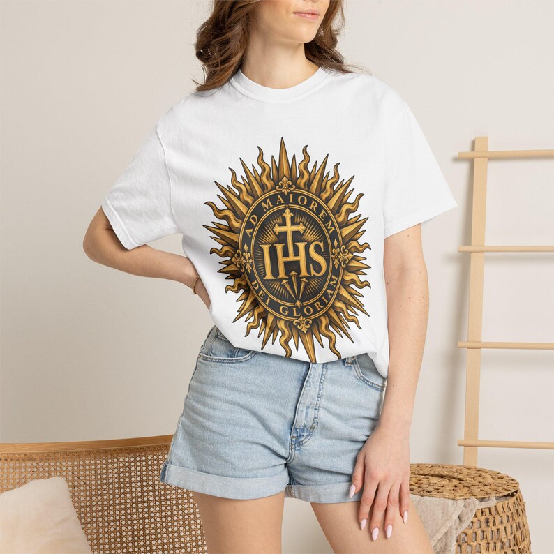 IHS Christogram Tee, AMDG Golden Sunburst, For the Greater Glory of God, Latin Catholic Gift for Jesuit Alumni or Graduates, Comfort Colors image 1