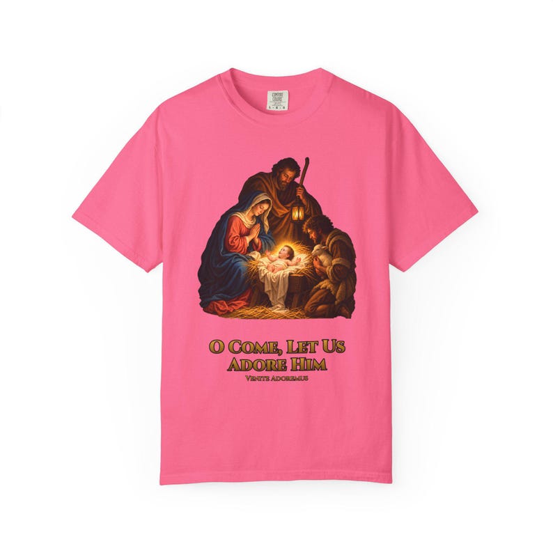 O Come Let Us Adore Him Comfort Colors Shirt | Catholic Christmas Nativity T-Shirt | Christmas Gift | Holy Family at the Manger image 13