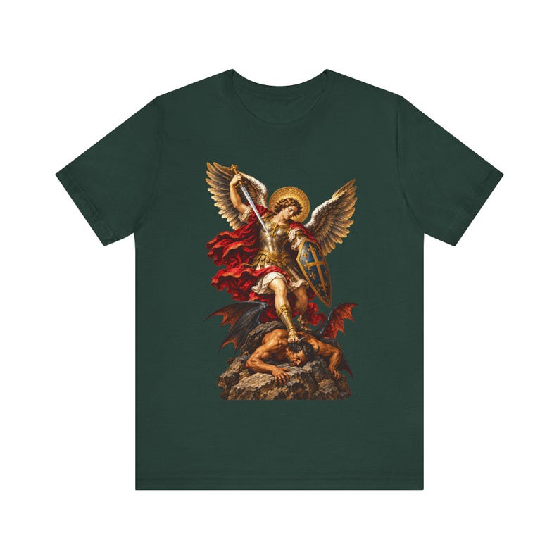 聖ミカエルTシャツ｜カトリックTシャツ｜男性向け霊的戦いギフト｜勝利の剣 画像 3