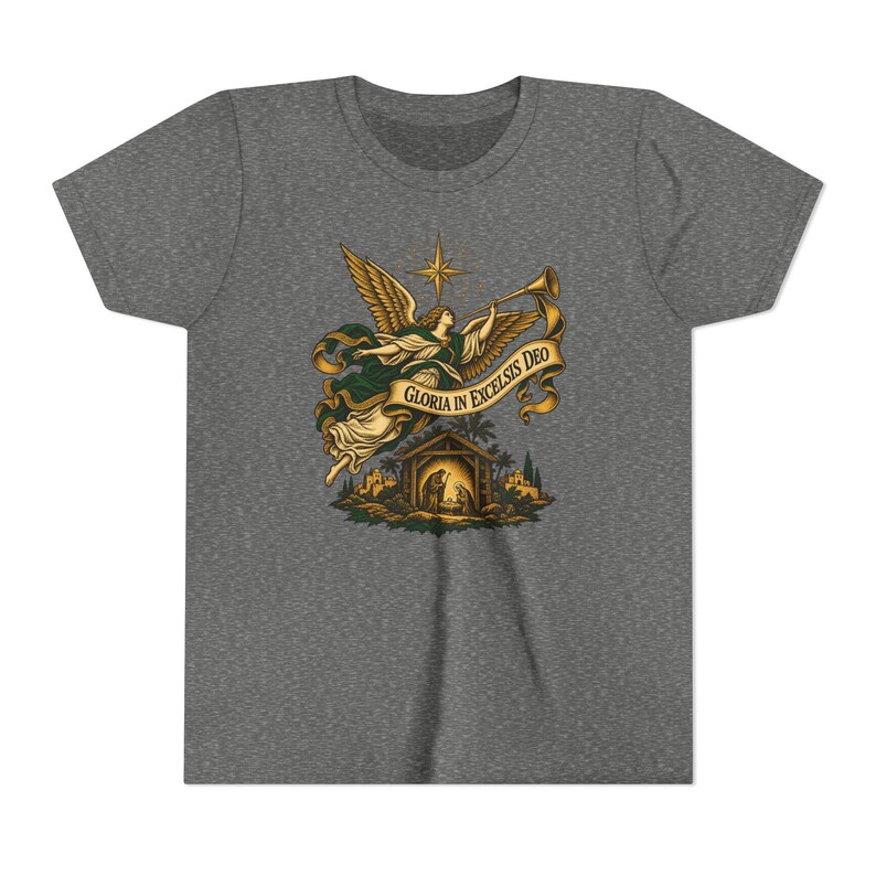 Camiseta infantil del Ángel de la Natividad, Camiseta juvenil Gloria in Excelsis Deo, Regalo católico de Navidad para niños, Representación navideña de la Estrella de Belén imagen 4