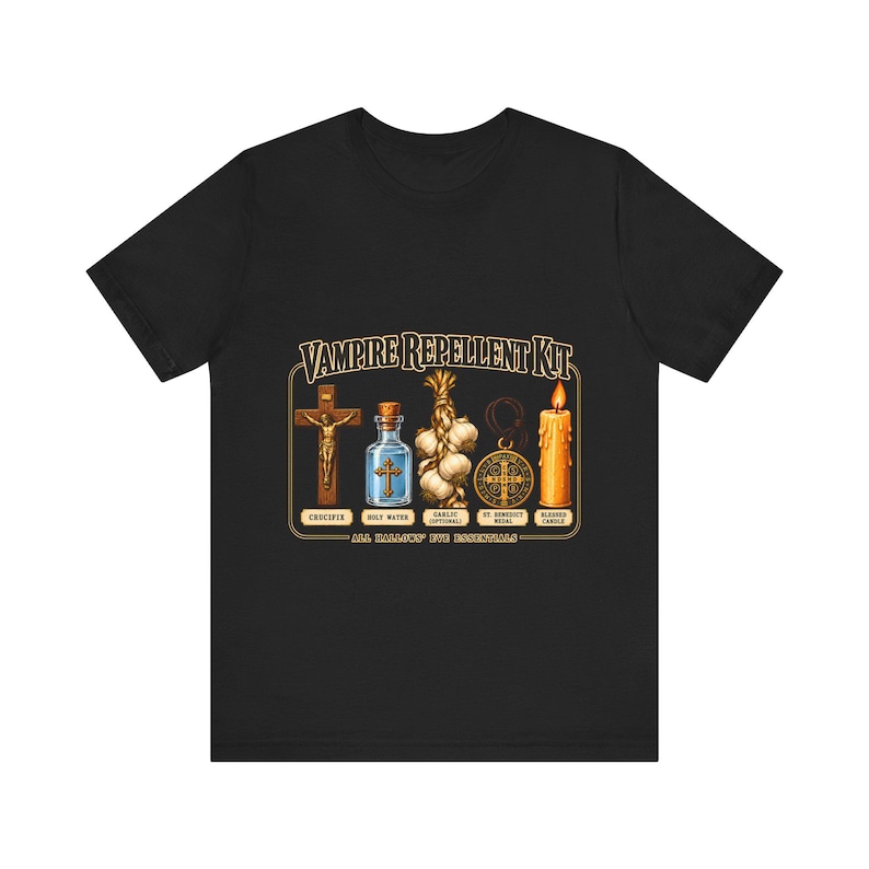Vampire Repellent Kit Shirt, Funny Catholic Halloween Tee, Crucifix Garlic and St Benedict Medal Art, All Hallows Eve Gift, Bella Canvas Tee image 8
